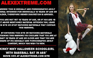 Kinky Niky Halloween schoolgirl nearby baseball bat in ass